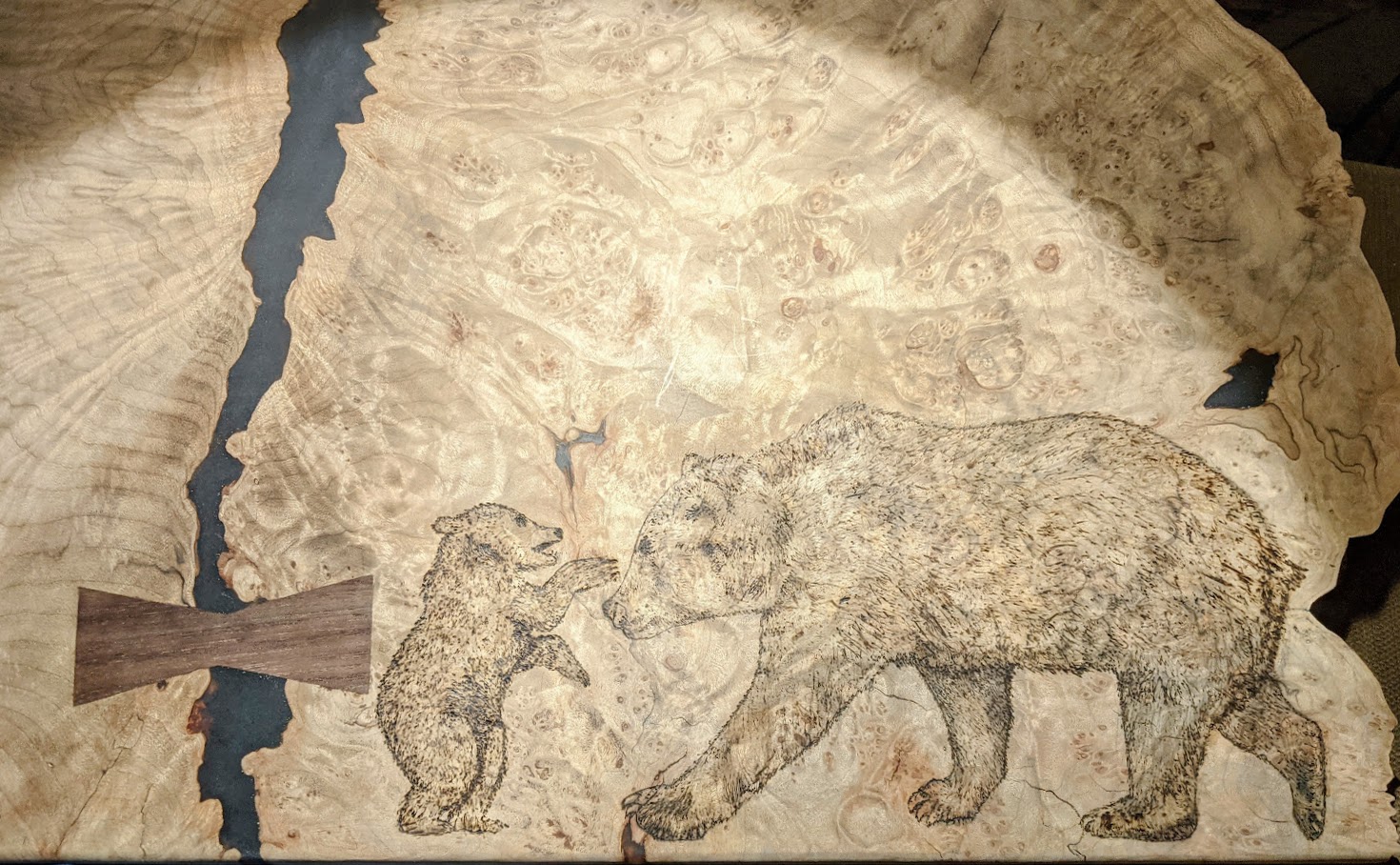 Woodburned bears on burl slab