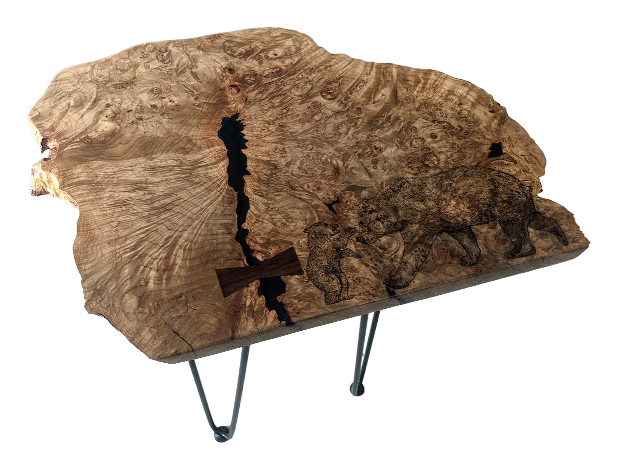 Burl slab table with woodburned bears